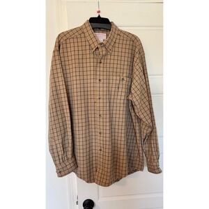 VTG Filson Mens 100% Virgin Wool Oatmeal Tan Check Overshirt Shirt USA XL Damage
